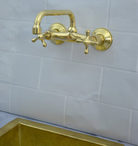 Solid Wall Mount Faucet with Short Square Spout | Handmade in Morocco | 2-Handle Brass Tap