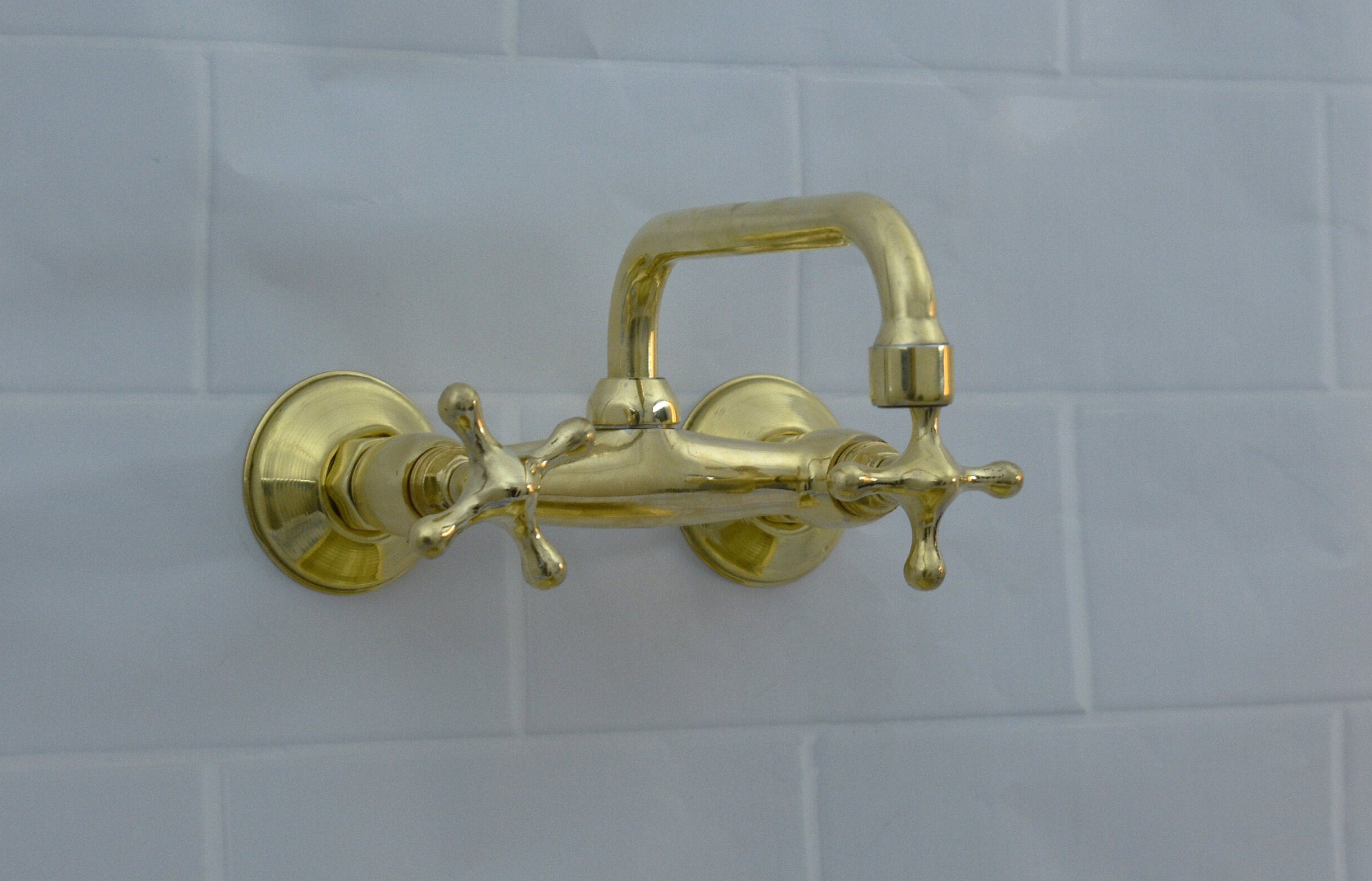Solid Wall Mount Faucet with Short Square Spout | Handmade in Morocco | 2-Handle Brass Tap