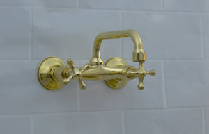 Solid Wall Mount Faucet with Short Square Spout | Handmade in Morocco | 2-Handle Brass Tap