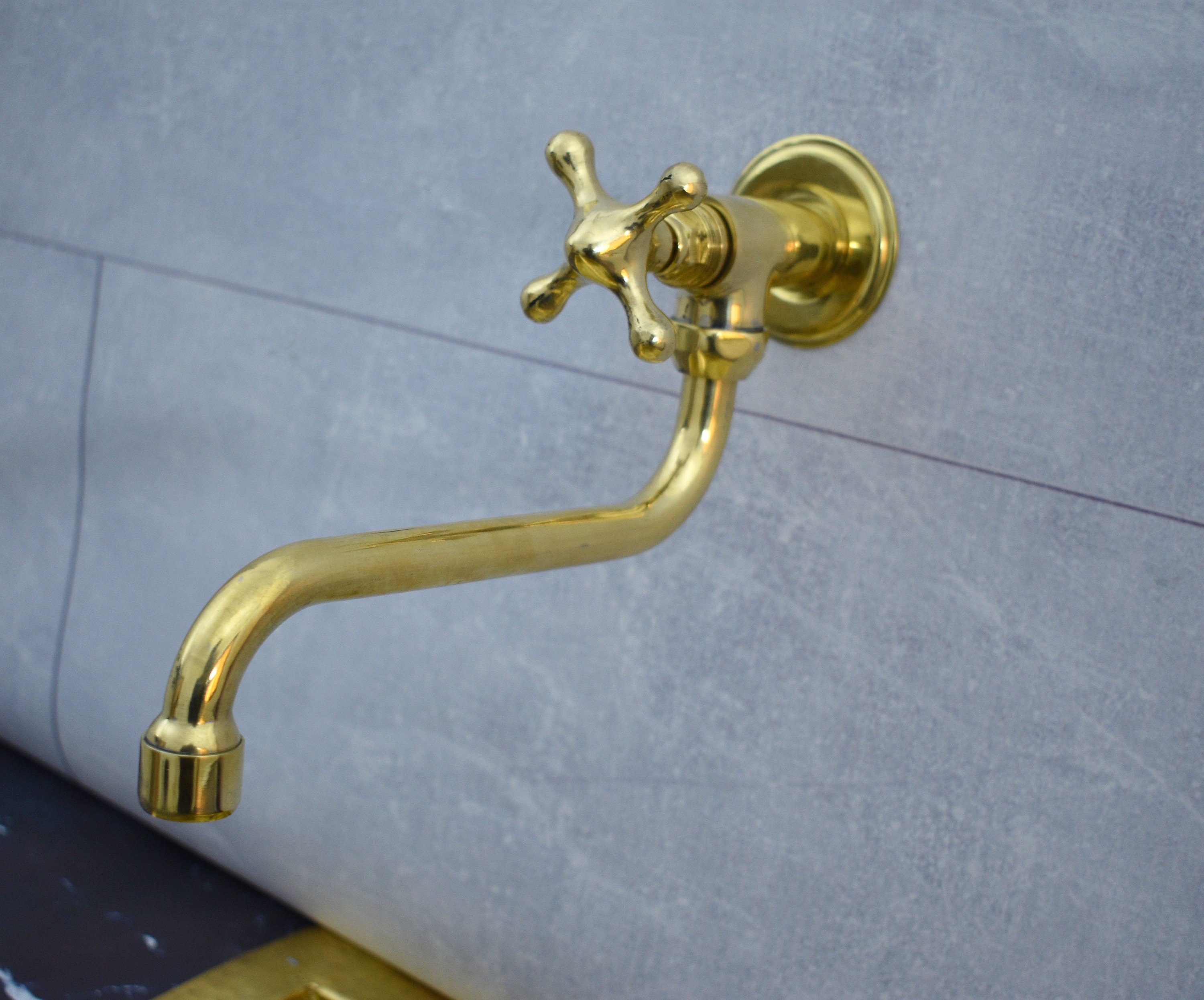 Solid Unlacquered Brass Pot Filler Kitchen Faucet – Wall Mounted Faucet with Cross Handle