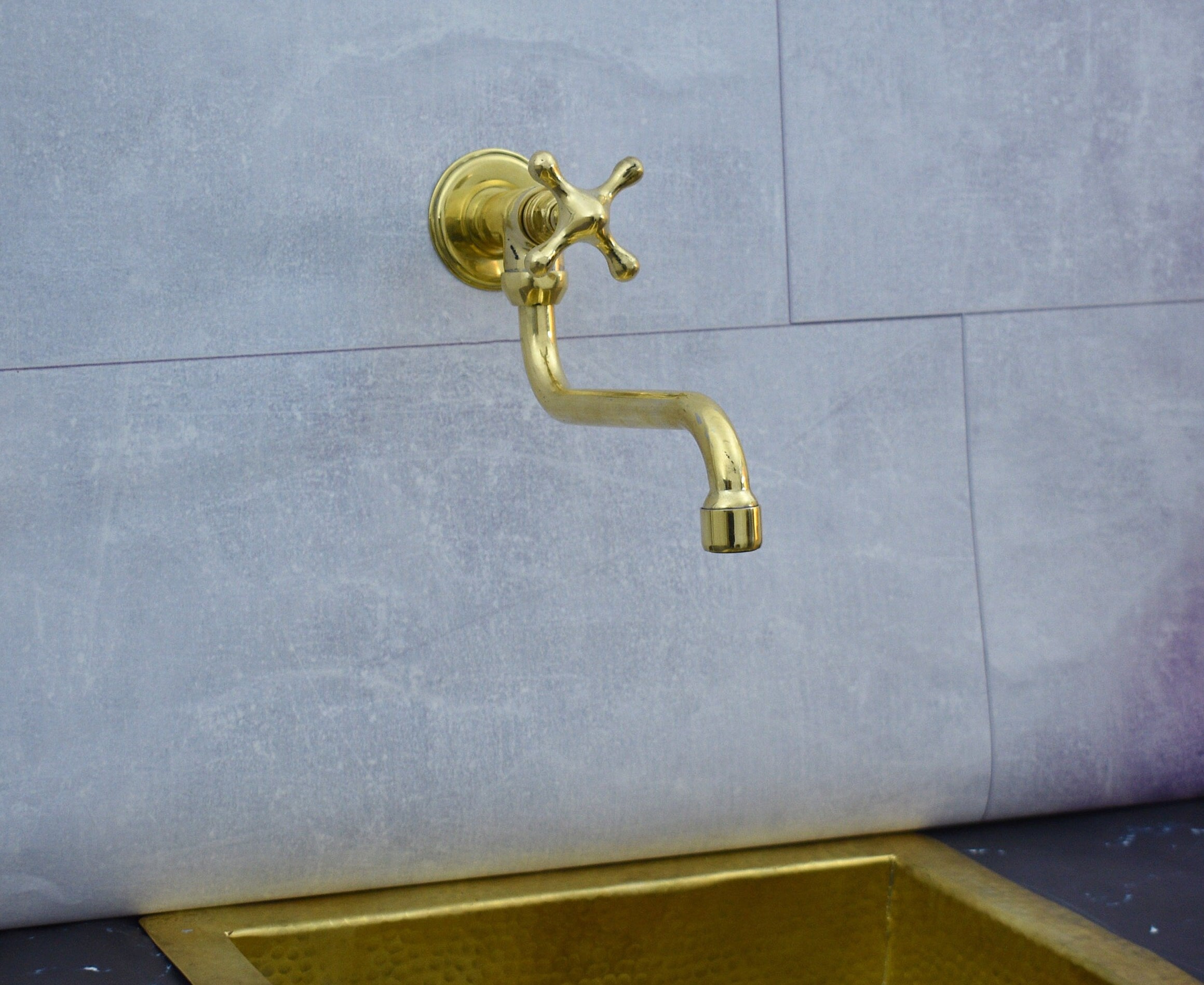 Solid Unlacquered Brass Pot Filler Kitchen Faucet – Wall Mounted Faucet with Cross Handle
