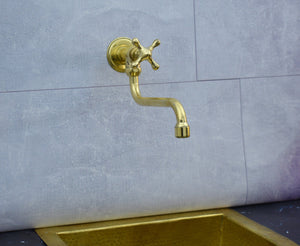 Solid Unlacquered Brass Pot Filler Kitchen Faucet – Wall Mounted Faucet with Cross Handle