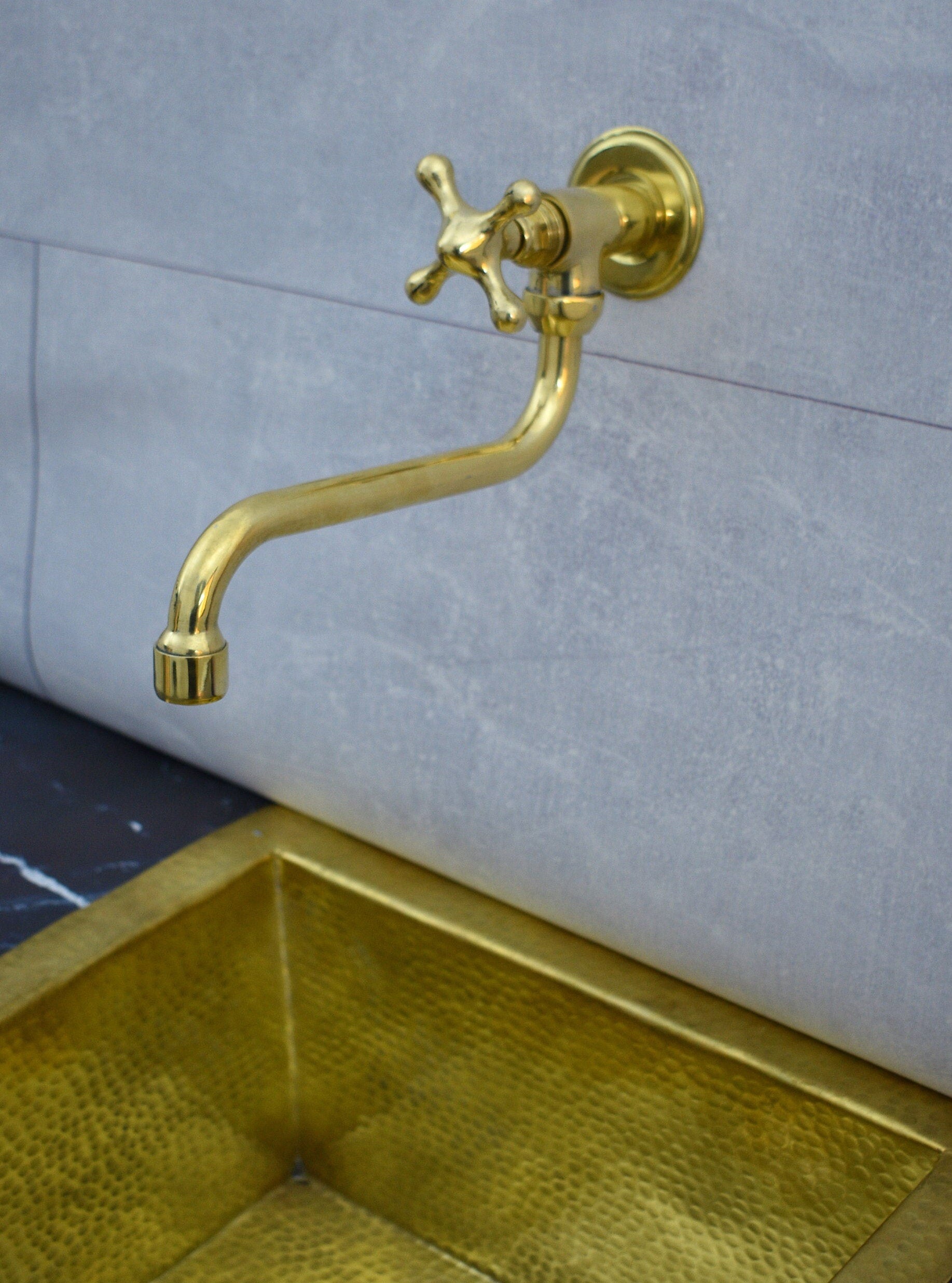 Solid Unlacquered Brass Pot Filler Kitchen Faucet – Wall Mounted Faucet with Cross Handle