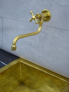 Solid Unlacquered Brass Pot Filler Kitchen Faucet – Wall Mounted Faucet with Cross Handle