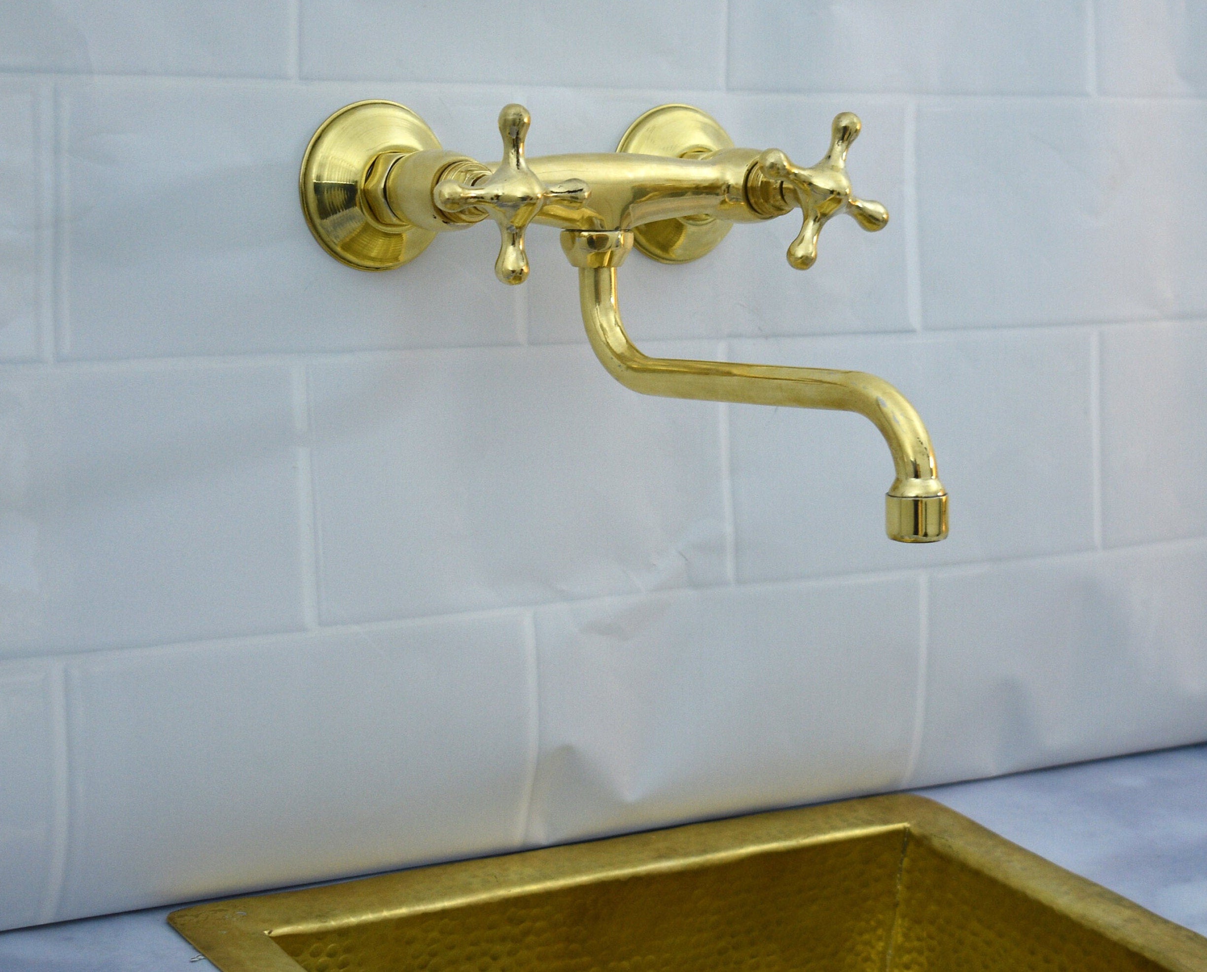 Kitchen Faucet with Double Cross Handles & 8-Inch Swivel Spout – Handmade Vintage Hot & Cold Mixer