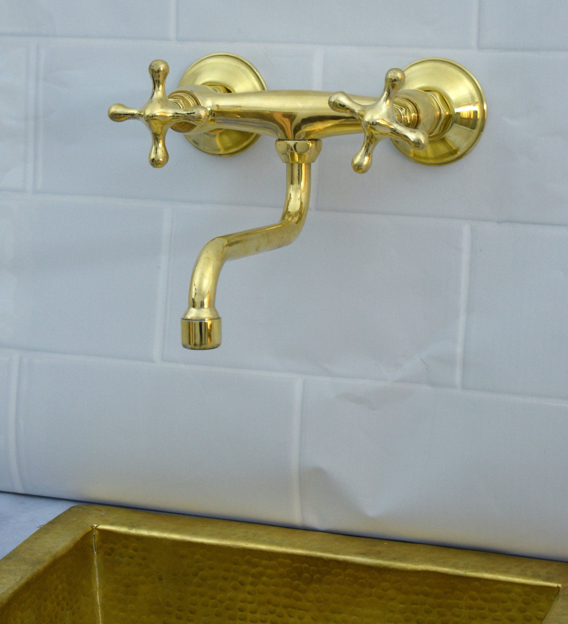 Kitchen Faucet with Double Cross Handles & 8-Inch Swivel Spout – Handmade Vintage Hot & Cold Mixer