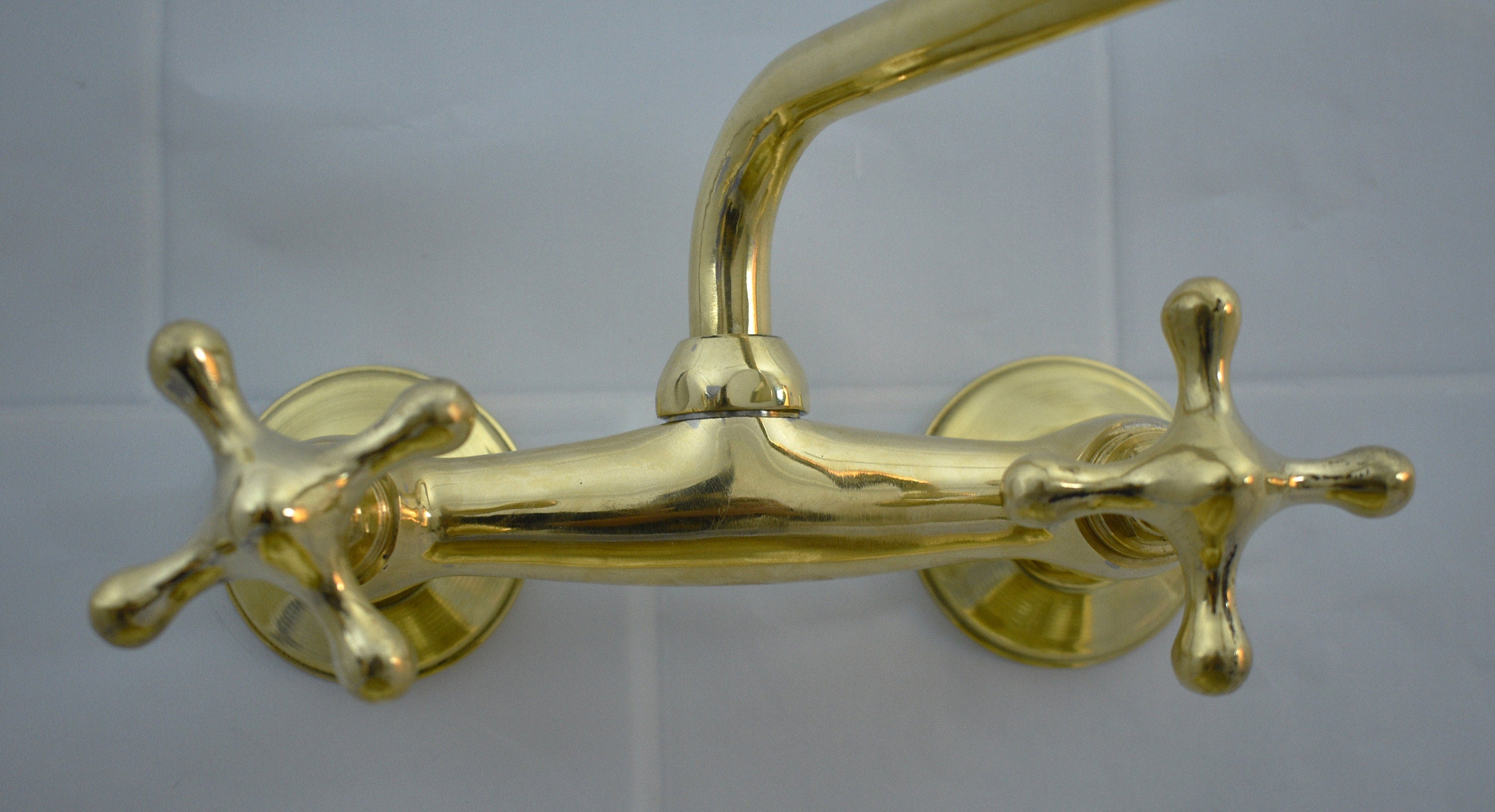 Solid Wall Mount Faucet with Short Square Spout | Handmade in Morocco | 2-Handle Brass Tap