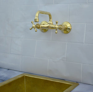 Solid Wall Mount Faucet with Short Square Spout | Handmade in Morocco | 2-Handle Brass Tap
