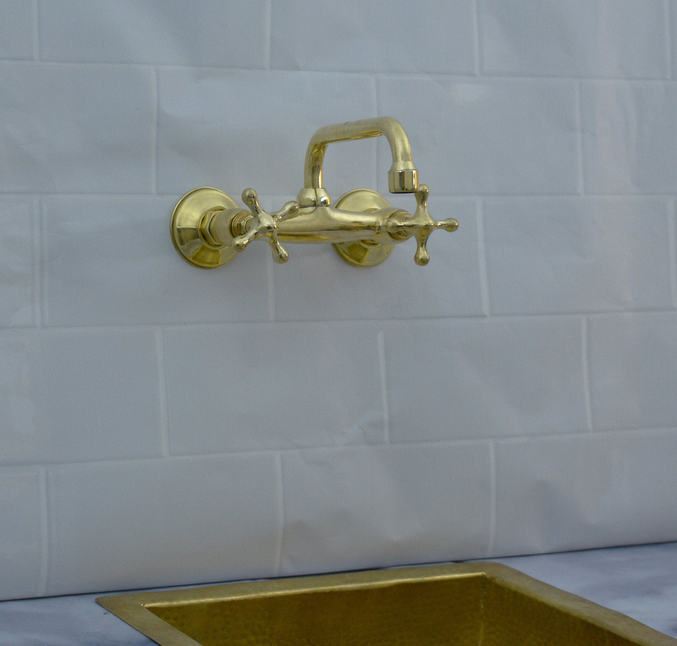 Solid Wall Mount Faucet with Short Square Spout | Handmade in Morocco | 2-Handle Brass Tap