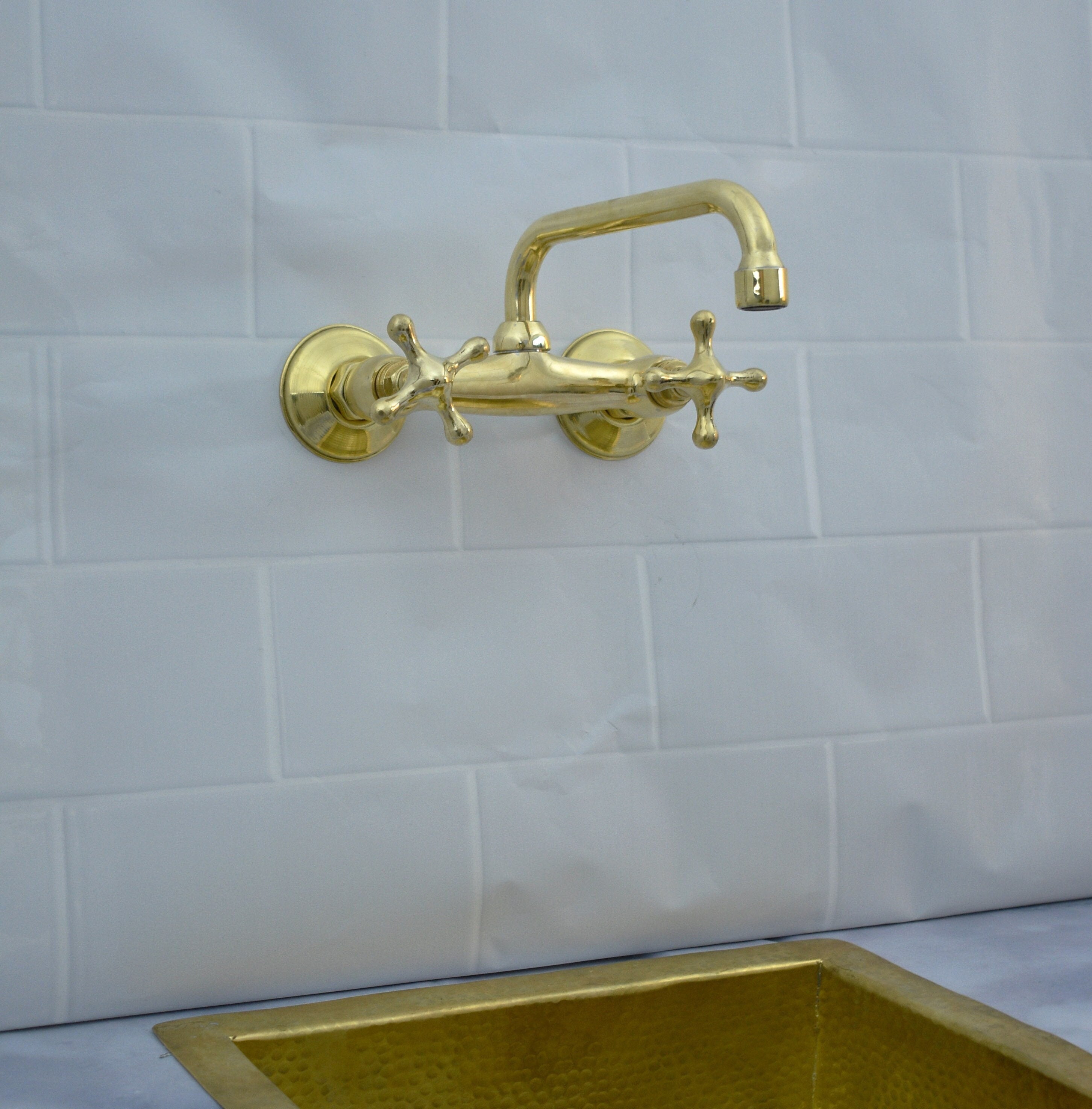 Solid Wall Mount Faucet with Short Square Spout | Handmade in Morocco | 2-Handle Brass Tap