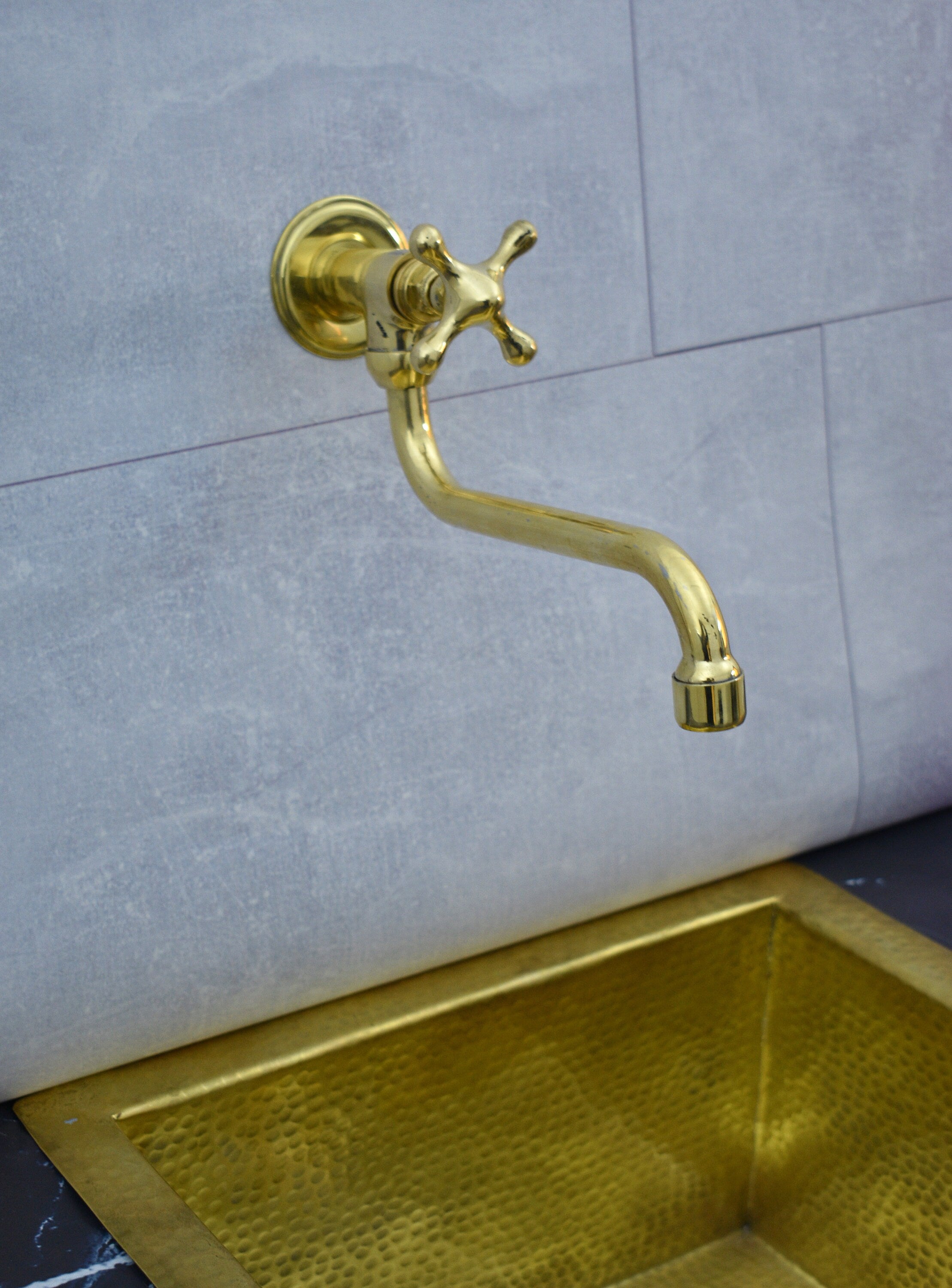 Solid Unlacquered Brass Pot Filler Kitchen Faucet – Wall Mounted Faucet with Cross Handle