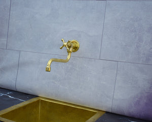 Solid Unlacquered Brass Pot Filler Kitchen Faucet – Wall Mounted Faucet with Cross Handle