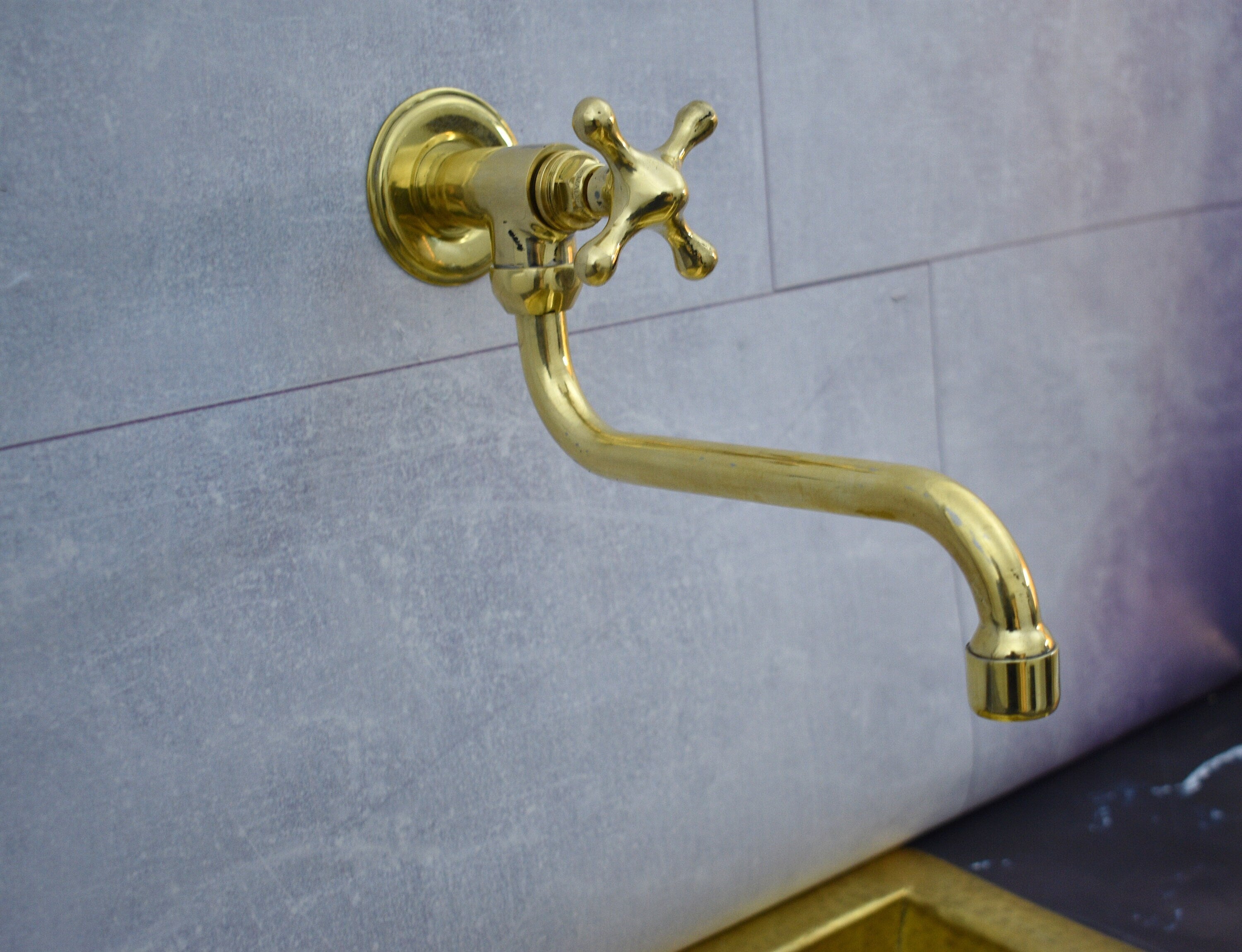 Solid Unlacquered Brass Pot Filler Kitchen Faucet – Wall Mounted Faucet with Cross Handle