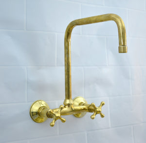 Unlacquered Brass Kitchen Faucet – Vintage Wall Mounted Bridge Faucet with Square Spout