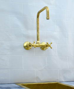 Unlacquered Brass Kitchen Faucet – Vintage Wall Mounted Bridge Faucet with Square Spout