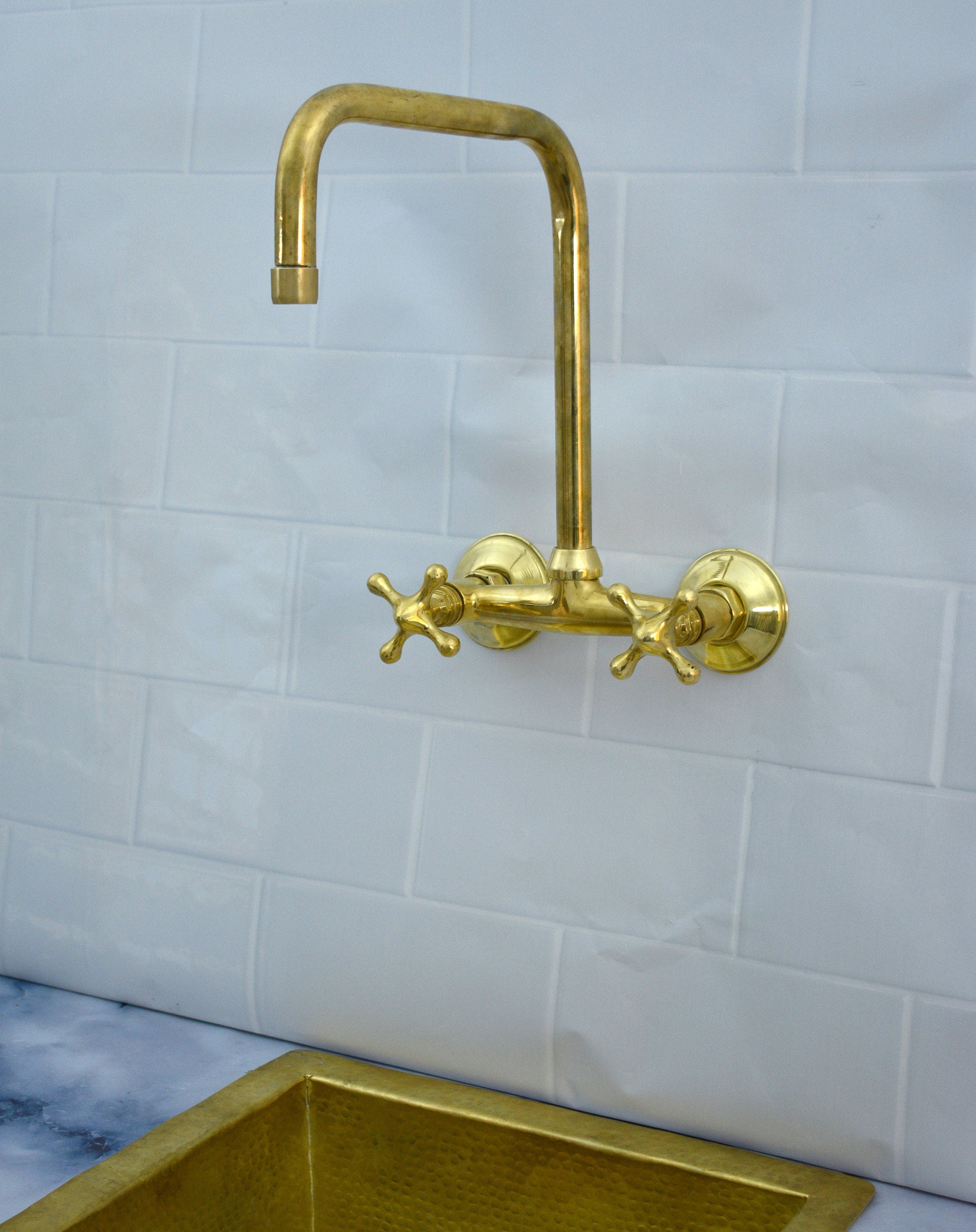 Unlacquered Brass Kitchen Faucet – Vintage Wall Mounted Bridge Faucet with Square Spout