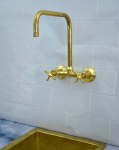 Unlacquered Brass Kitchen Faucet – Vintage Wall Mounted Bridge Faucet with Square Spout