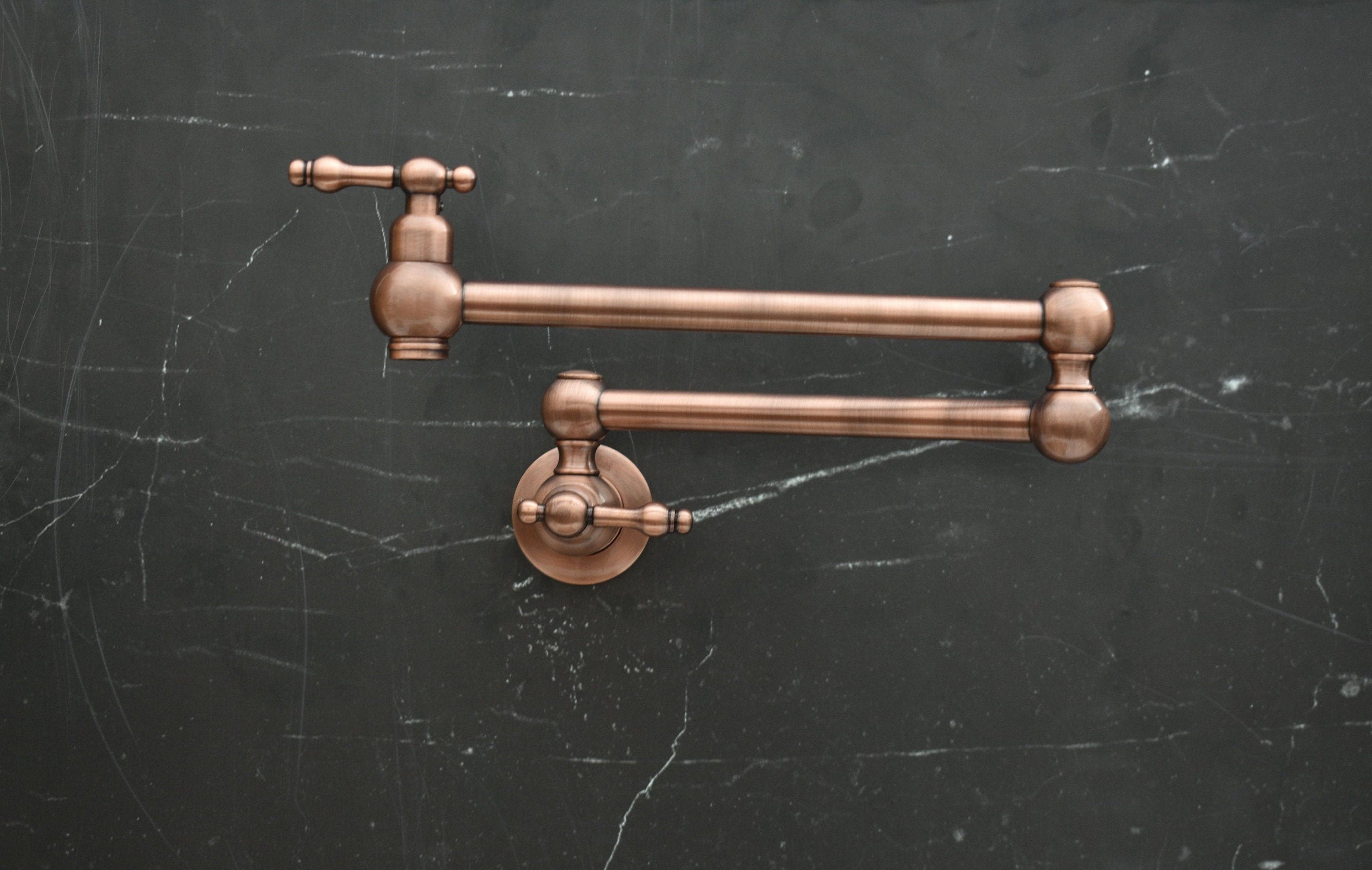 Handmade Copper Pot Filler Faucet – Wall Mount Kitchen Stove Faucet with Dual Brass Handles