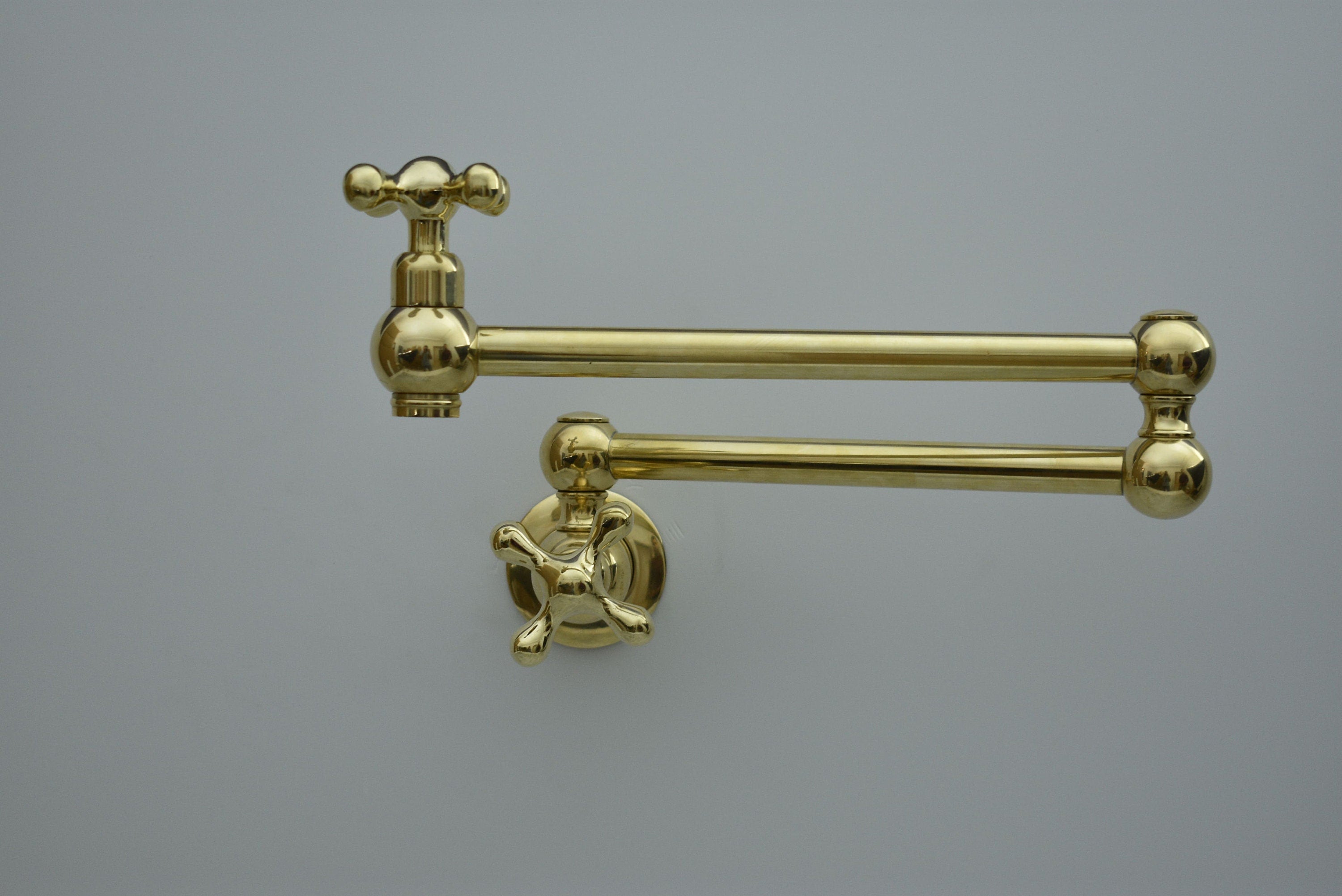 Solid Brass Pot Filler Faucet – Wall Mounted Unlacquered Brass Kitchen Faucet | 21-Inch Stove Pot Filler with Dual Lever Handles