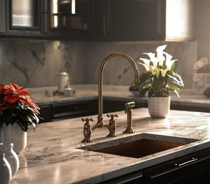 Victorian Unlacquered Brass Bridge Kitchen Faucet with Side Sprayer – Antique Farmhouse Style