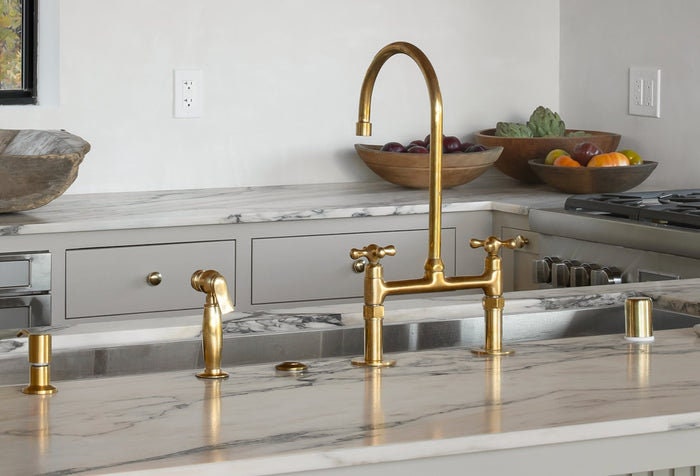 Unlacquered Brass Bridge Kitchen Faucet – Handcrafted Moroccan Solid Brass Faucet with Swiveling Neck, Timeless Patina Finish