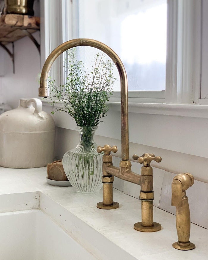 Unlacquered Brass Bridge Kitchen Faucet – Handcrafted Moroccan Solid Brass Faucet with Swiveling Neck, Timeless Patina Finish