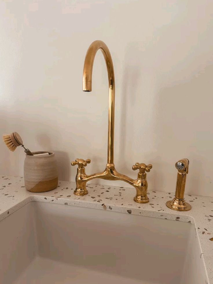 Victorian Unlacquered Brass Bridge Kitchen Faucet with Side Sprayer – Antique Farmhouse Style
