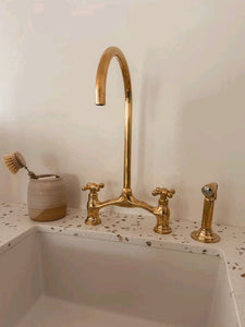 Victorian Unlacquered Brass Bridge Kitchen Faucet with Side Sprayer – Antique Farmhouse Style