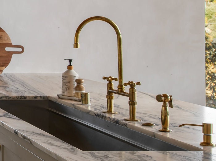 Unlacquered Brass Bridge Kitchen Faucet – Handcrafted Moroccan Solid Brass Faucet with Swiveling Neck, Timeless Patina Finish