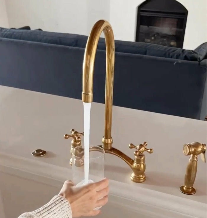 Victorian Unlacquered Brass Bridge Kitchen Faucet with Side Sprayer – Antique Farmhouse Style
