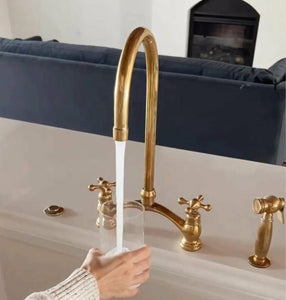Victorian Unlacquered Brass Bridge Kitchen Faucet with Side Sprayer – Antique Farmhouse Style