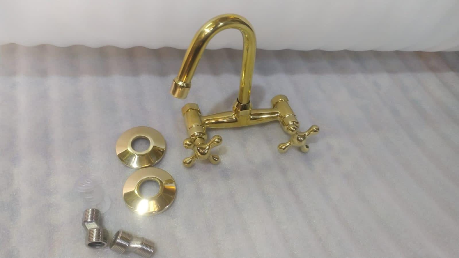 Unlacquered Brass Wall Mounted Kitchen Faucet – Antique Vintage Style Tap with Dual Handles, Solid Brass Construction