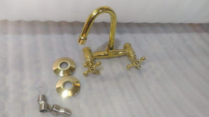 Unlacquered Brass Wall Mounted Kitchen Faucet – Antique Vintage Style Tap with Dual Handles, Solid Brass Construction