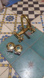 Unlacquered Brass Wall Mounted Kitchen Faucet – Antique Vintage Style Tap with Dual Handles, Solid Brass Construction