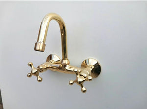 Unlacquered Brass Wall Mounted Kitchen Faucet – Antique Vintage Style Tap with Dual Handles, Solid Brass Construction