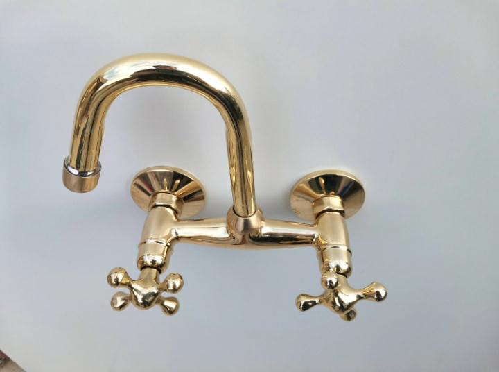 Unlacquered Brass Wall Mounted Kitchen Faucet – Antique Vintage Style Tap with Dual Handles, Solid Brass Construction