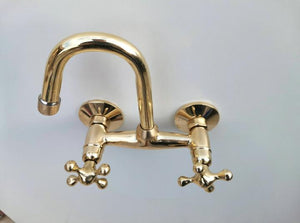 Unlacquered Brass Wall Mounted Kitchen Faucet – Antique Vintage Style Tap with Dual Handles, Solid Brass Construction