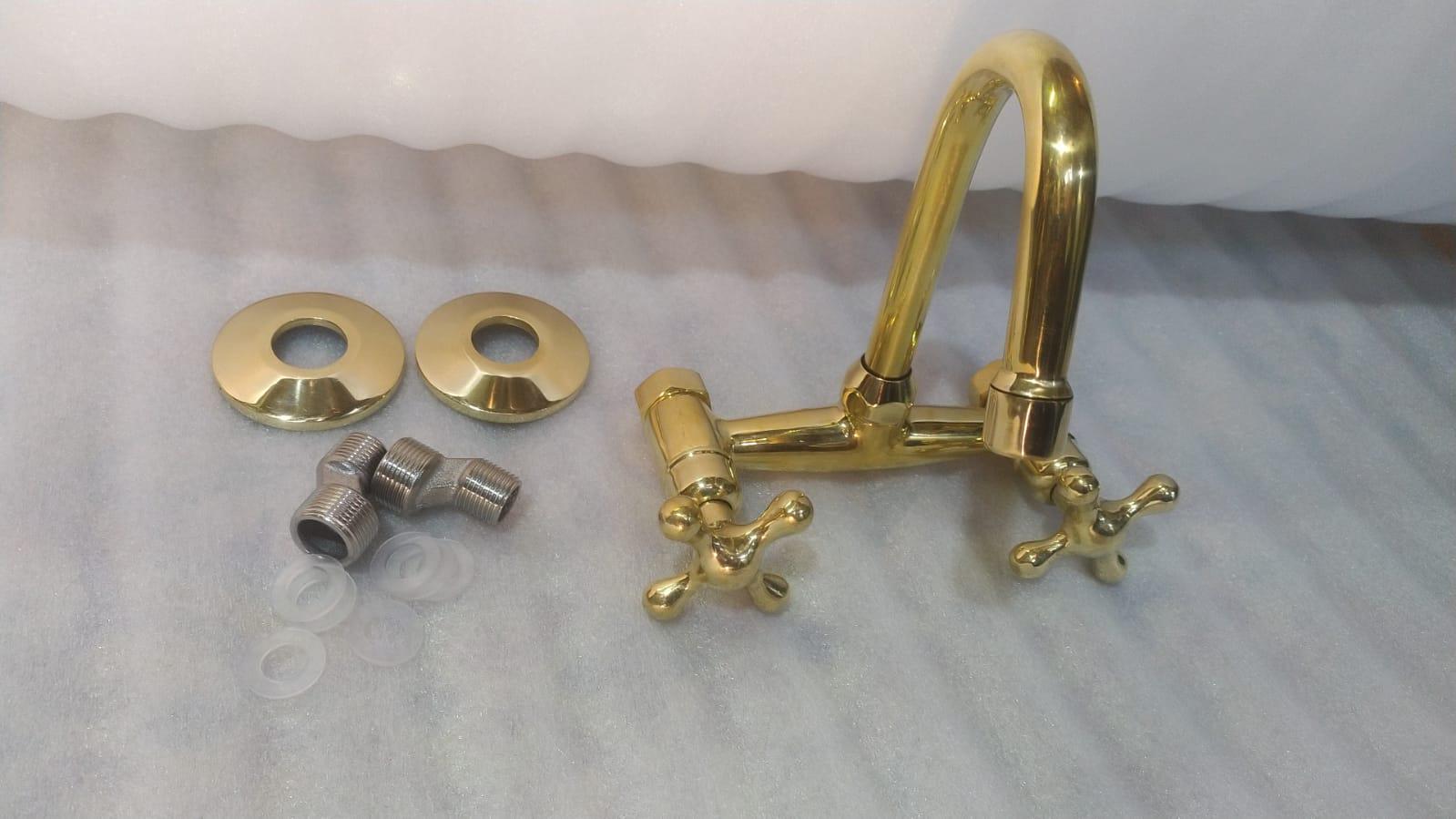 Unlacquered Brass Wall Mounted Kitchen Faucet – Antique Vintage Style Tap with Dual Handles, Solid Brass Construction