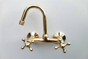 Unlacquered Brass Wall Mounted Kitchen Faucet – Antique Vintage Style Tap with Dual Handles, Solid Brass Construction