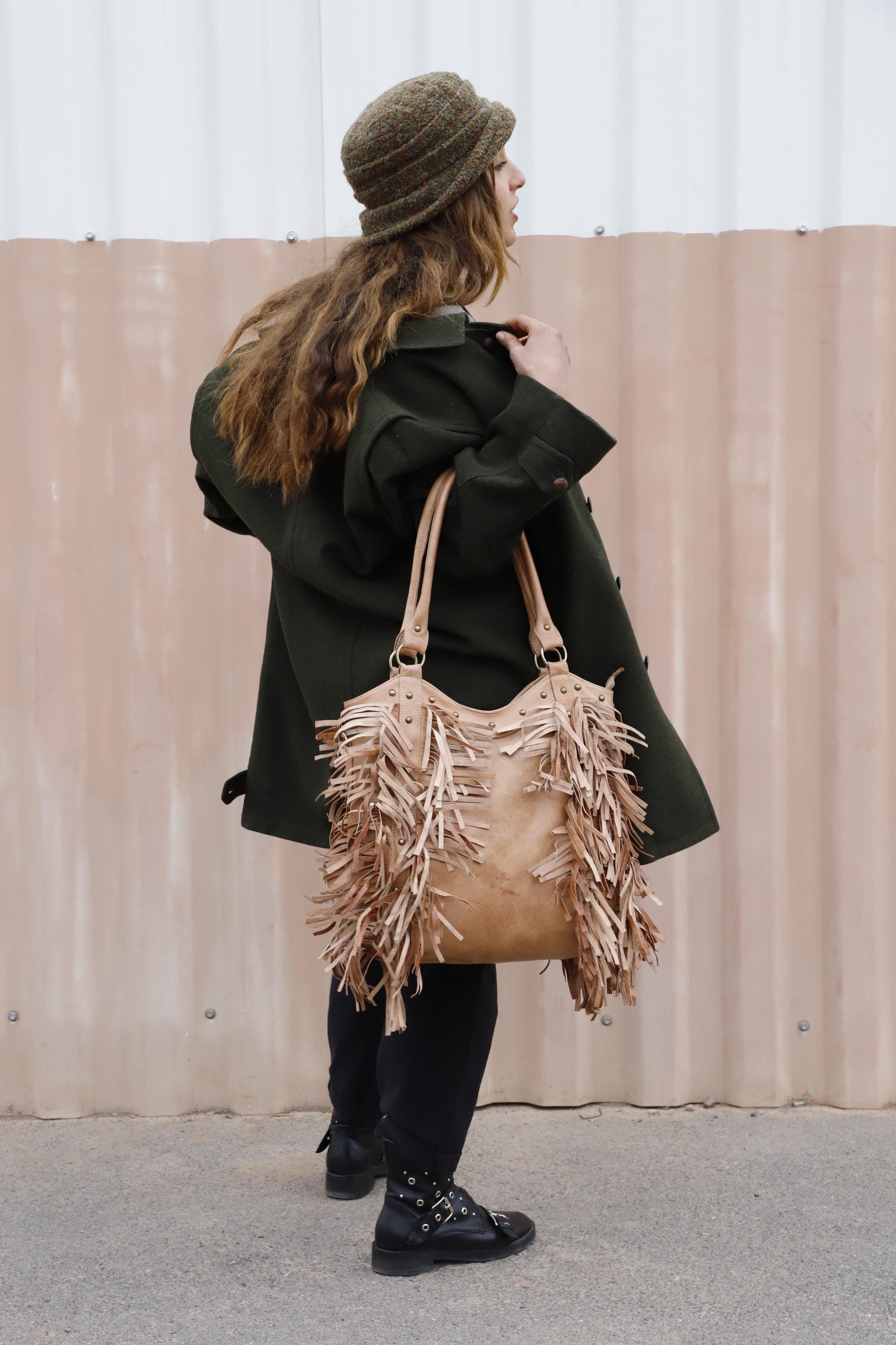 Women Boho Fringe Leather Bag, Brown Western tote Bag, Fringed Moroccan Leather Purse, Cowgirl Fringe Bag, Bohemian Leather women Handbag