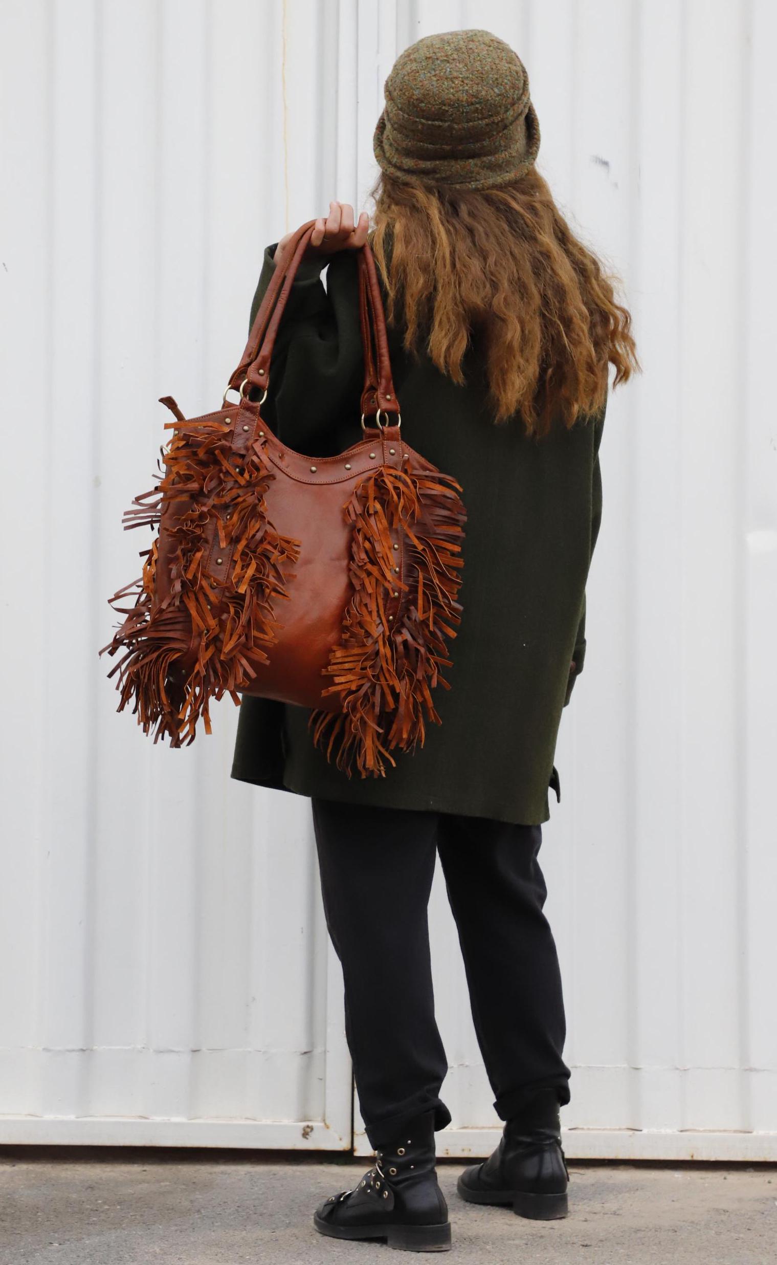 Women Boho Fringe Leather Bag, Brown Western tote Bag, Fringed Moroccan Leather Purse, Cowgirl Fringe Bag, Bohemian Leather women Handbag