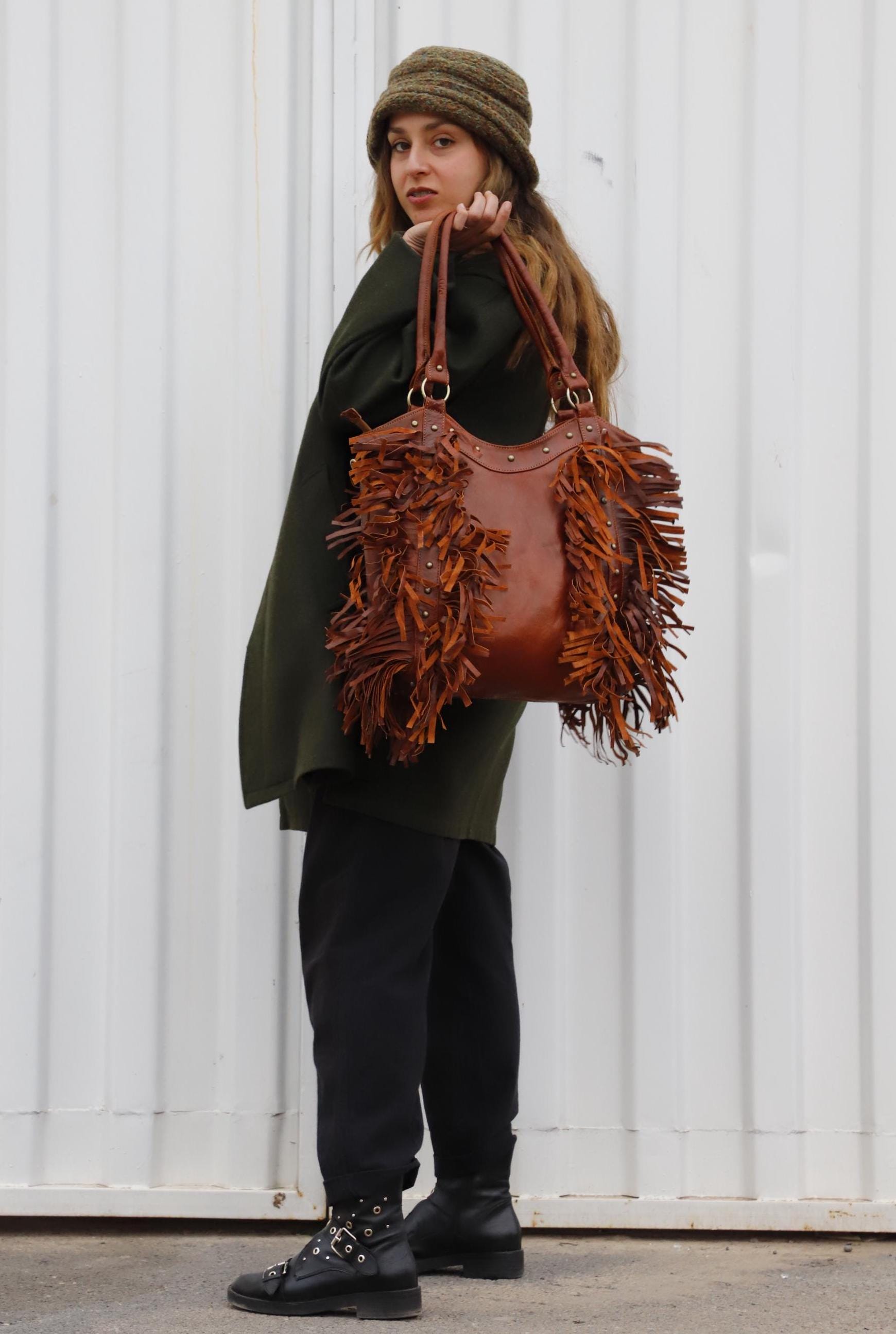 Women Boho Fringe Leather Bag, Brown Western tote Bag, Fringed Moroccan Leather Purse, Cowgirl Fringe Bag, Bohemian Leather women Handbag