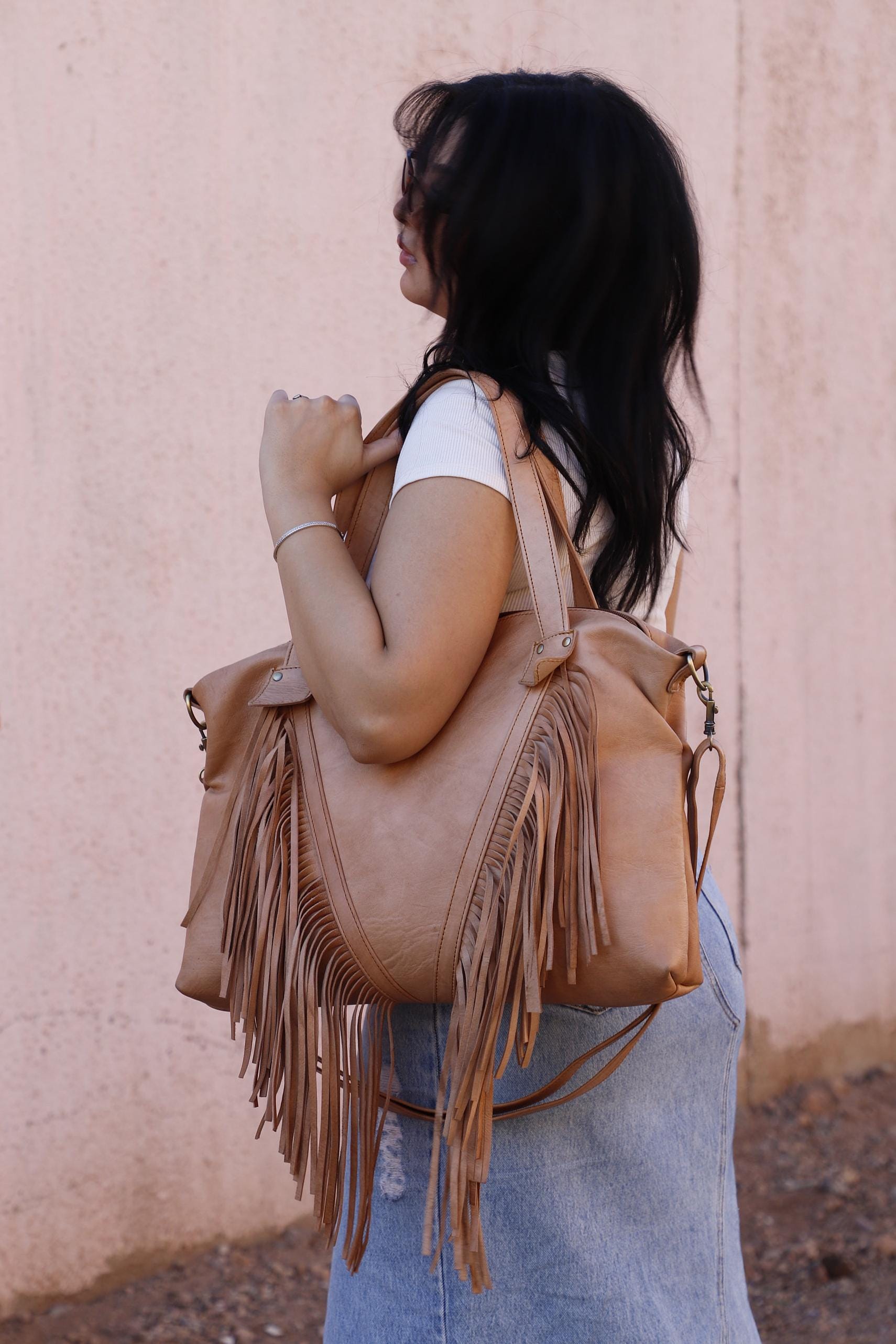 Leather Fringe Tote Bag - Boho Western Crossbody Bag - Festival Fringe Handbag - Coachella Inspired Shoulder Bag - Handmade bag Gift for Her
