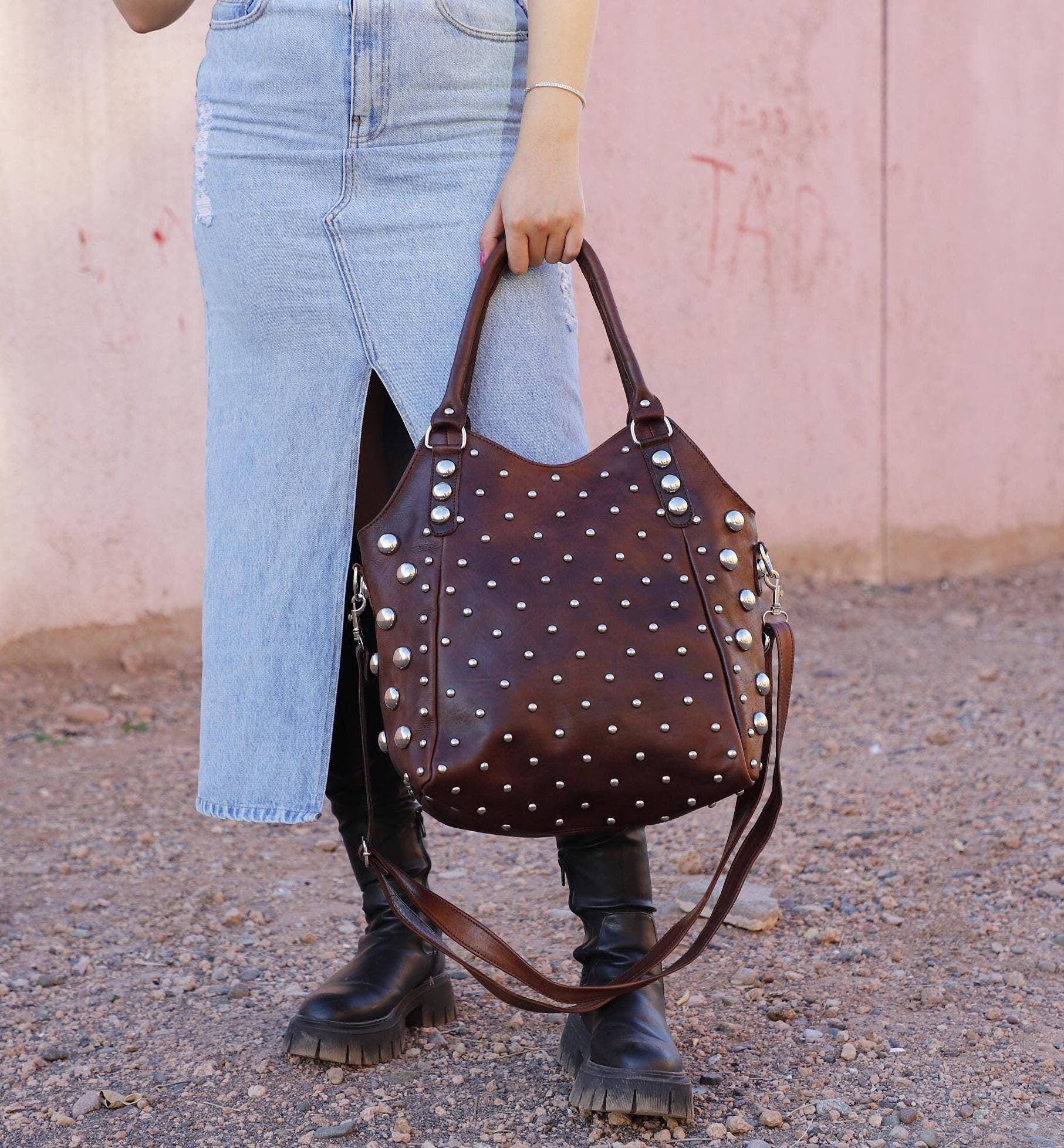 Dot Studded tote bag, Studded leather handbag, Polka dot Studded tote bag, Moroccan Black leather studded bag, gothic rivets Leather Bag