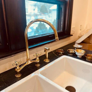 Victorian Unlacquered Brass Bridge Kitchen Faucet with Side Sprayer – Antique Farmhouse Style