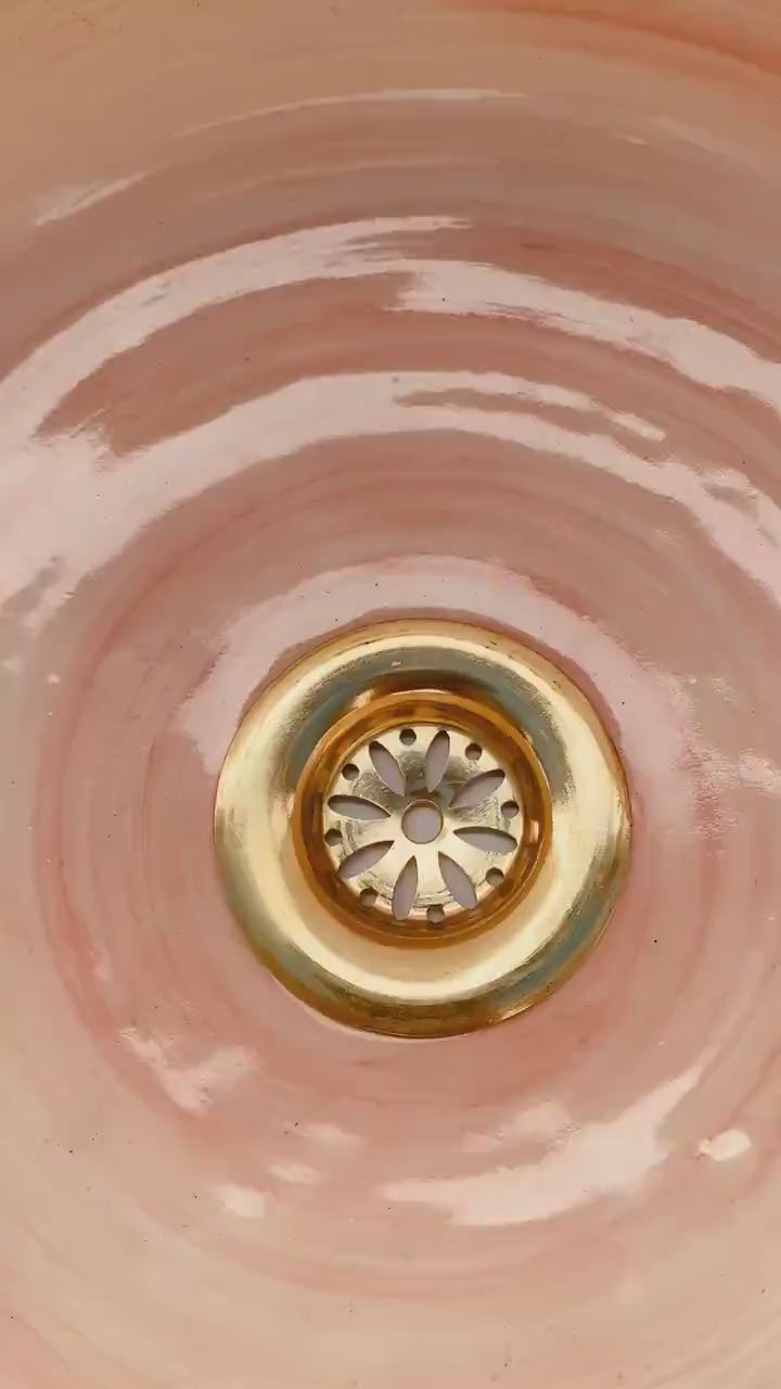 Pink Bathroom Vessel Sink with Brushed Solid Brass Rim | Mid-Century Modern Washbasin | Artisanal Farmhouse Basin