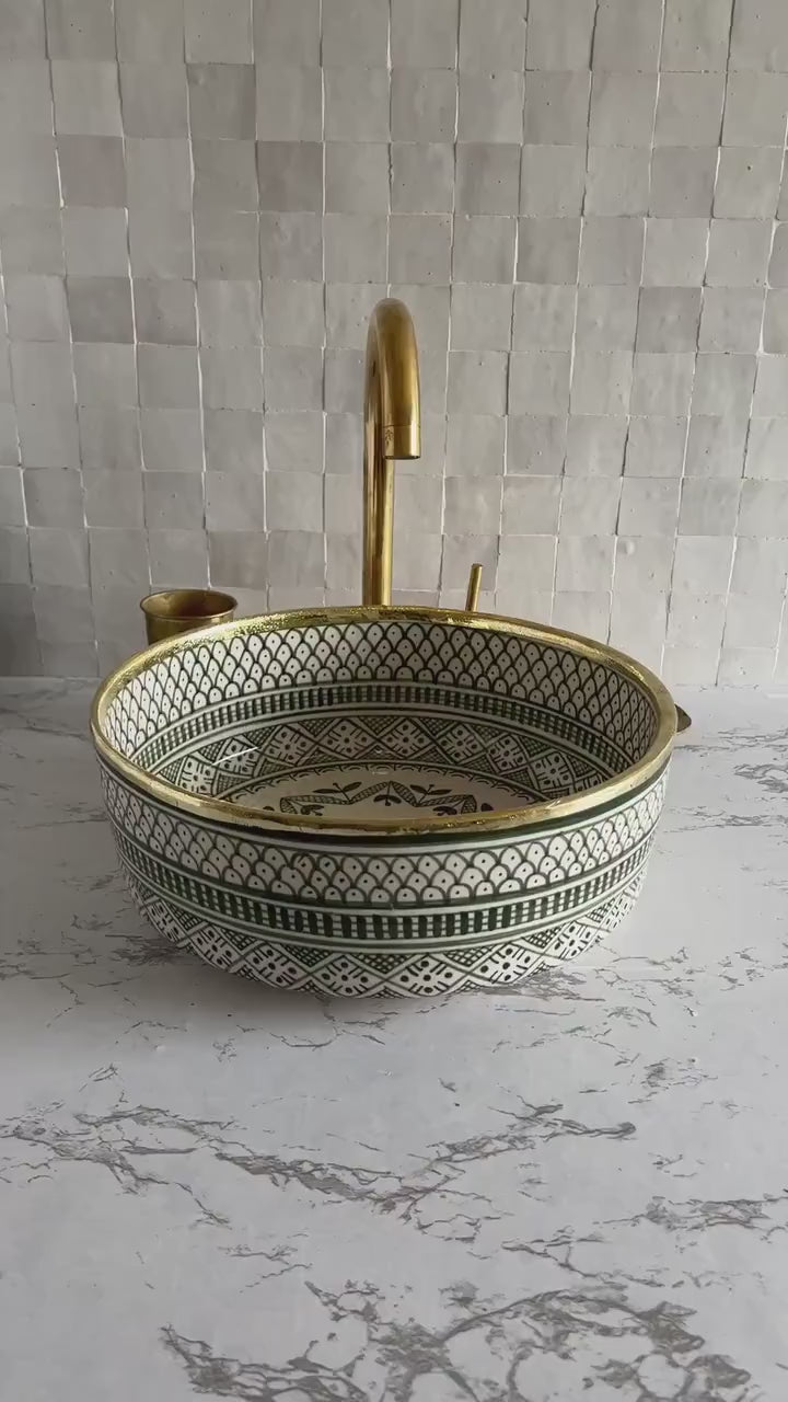 Mid-Century Modern Vanity Sink with Brushed Solid Brass Rim and Fish Scales Minimalist Design