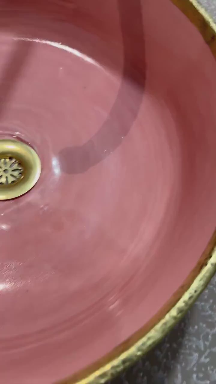 Handmade Blush Pink Ceramic Bathroom Sink with Brass Rim – Modern Vanity Vessel Basin