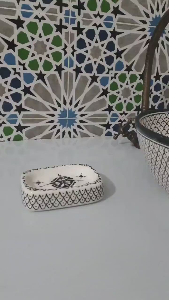 Handcrafted Moroccan Ceramic Sink – Black & White Pattern Vessel Basin – Artisan Bathroom Vanity