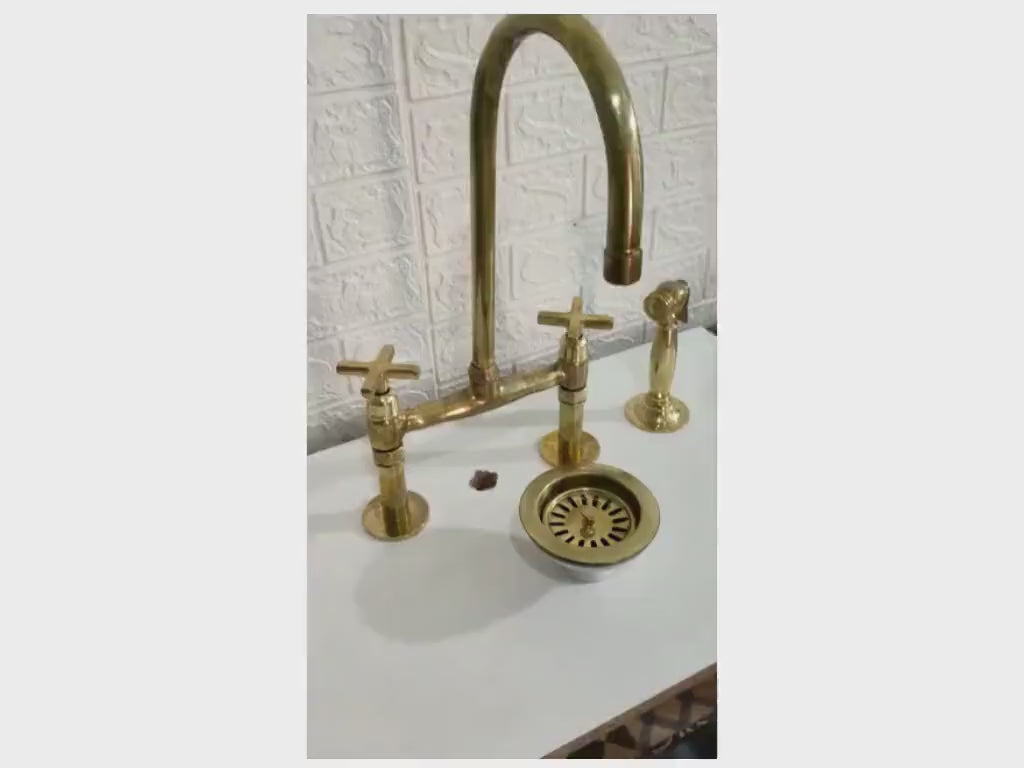 Handmade Unlacquered Brass Bridge Faucet - Customizable Spout and Handle - Kitchen Faucets